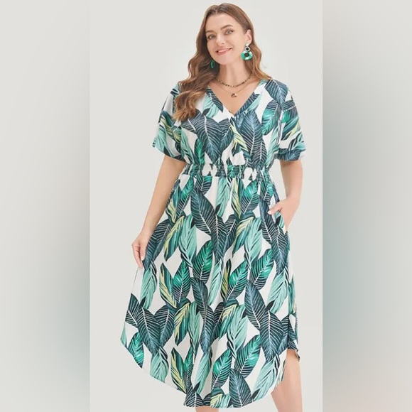 Size 18 - 20 Bloomchic Tropical Print Dolman Sleeve Shirred Wrap w/ Pocket Dress - Picture 1 of 3